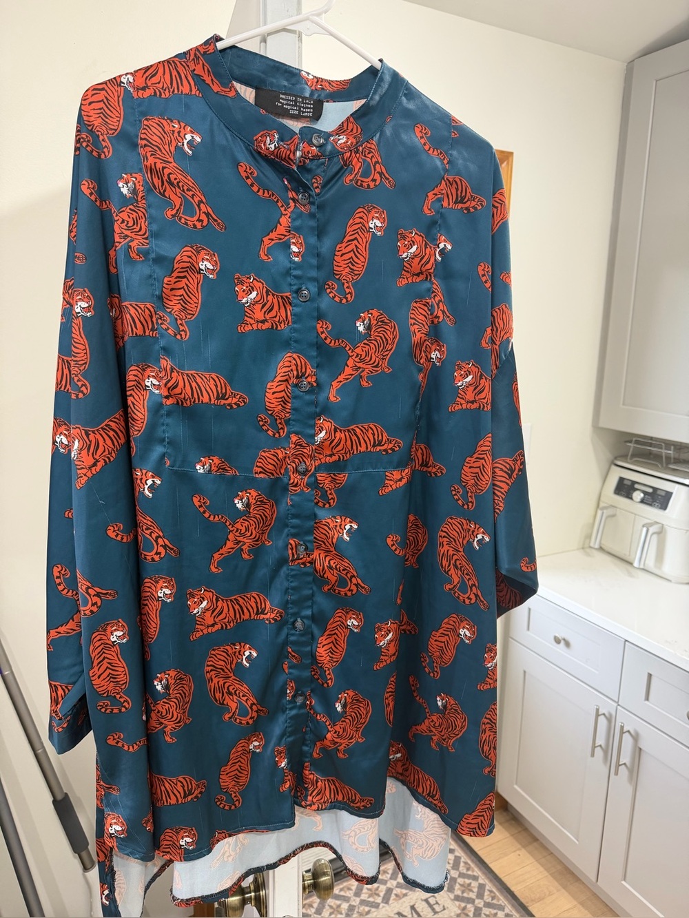 Dressed in LALA Teal Button-Down Shirt with Red Tiger Print
